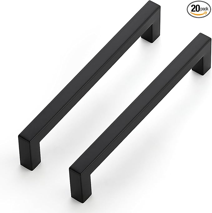 JOY DECOR 20 Pack Cabinet Handles, Black Cabinet Pulls, 6-1/4 Inch Kitchen Closet Handles Square Drawer Pulls Stainless Steel Drawer Hardware, 160mm Hole Centers