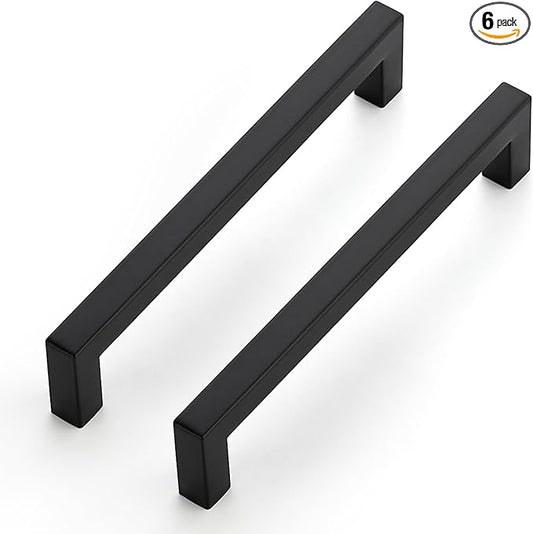 JOY DECOR 6 Pack Cabinet Handles, Black Cabinet Pulls, 6-1/4 Inch Kitchen Closet Handles Square Drawer Pulls Stainless Steel Drawer Hardware, 160mm Hole Centers