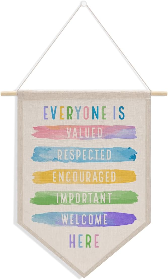 Everyone Is Welcome Here Sign Boho Classroom Decor Rainbow Decorations Canvas Hanging Pennant Flag Banner Wall Sign Decor for Playroom Bedroom