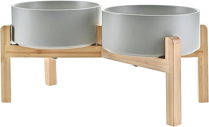 SPUNKYJUNKY Elevated Dog Bowls Ceramic, 7.3'' Dogs Food Water Bowls Raised with Non-Slip Bamboo Stand for Medium to Large Sized Breed Microwave Dishwasher Safe - 42 OZ,Grey-Mewly Pet