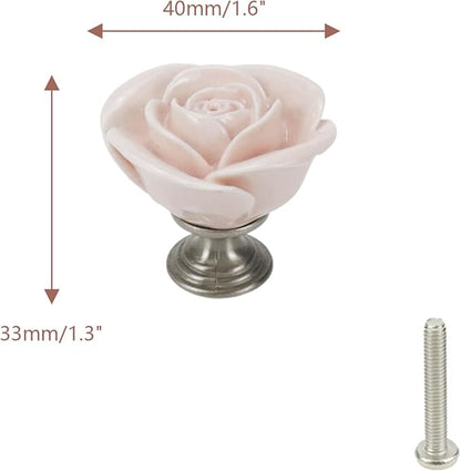 4pcs Light Pink Rose Flower Ceramic Knobs for Cabinet Drawer Door Pull Handles Dresser