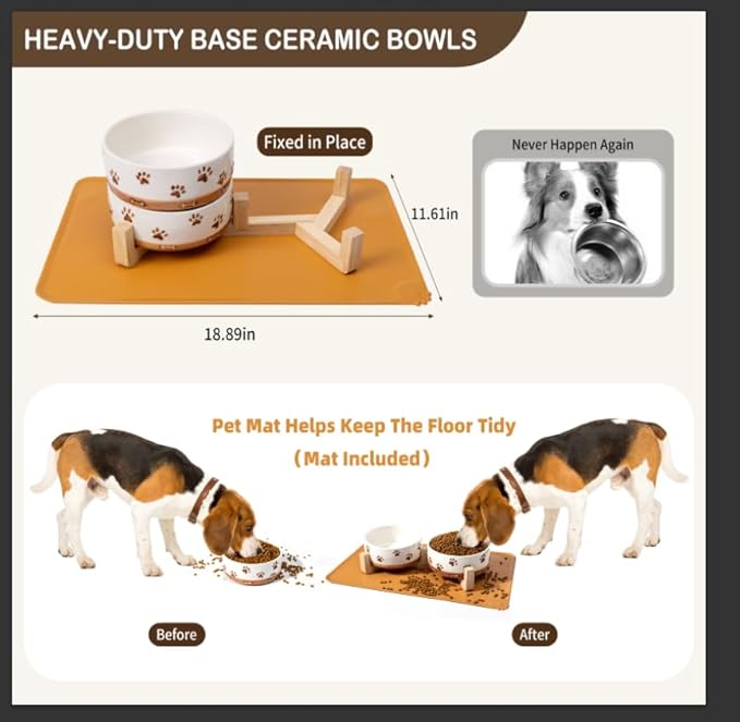 Ceramic Dog Bowls for Small and Medium Dogs, 32 OZ Dog Food and Water Bowl Set with Wooden Stand and Non-Slip Silicone Food Mat, Weighted Embossed Cute Puppy Bowls Feeding Dishes Set of 2-Mewly Pet