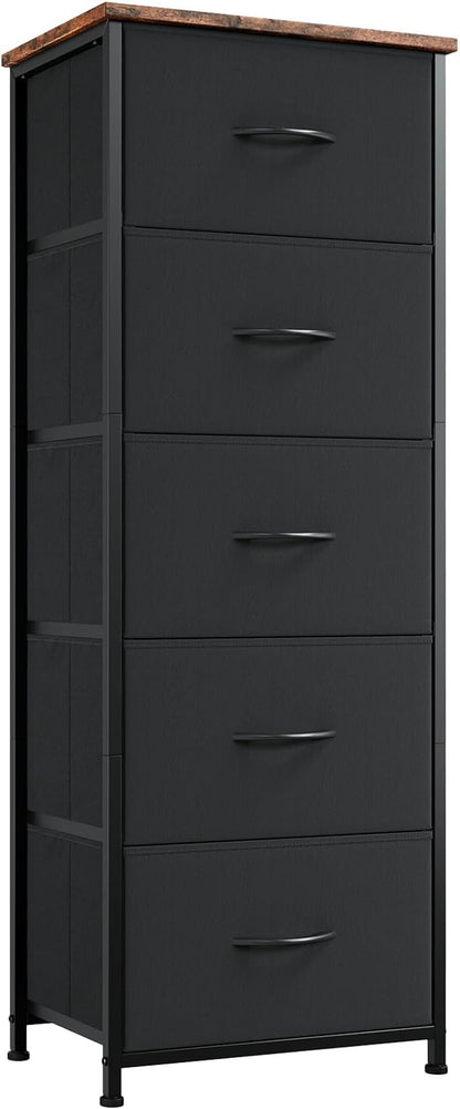 Somdot Tall Dresser for Bedroom with 5 Drawers, Storage Organizer Chest of Drawers with Removable Fabric Bins for Closet Bedside Living Room Laundry Entryway Hallway, Black Rustic Brown