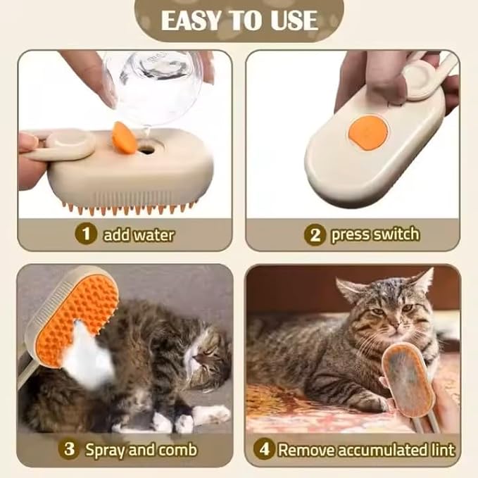 3-in-1 Steam Pet Brush for Cats & Dogs – Self-Cleaning Grooming Comb with Spray Mist, Massage & Shedding, Rechargeable USB, Anti-Static, Foldable Handle (TAN)-Mewly Pet