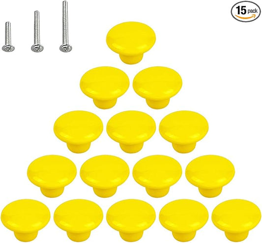 HUAMULAN 15PCS Yellow Glossy Ceramic Knobs Button Round Mushroom Cabinet Dresser Vintage Pulls Door Handles Cupboard Wardrobe Drawer, Dia. 1.5 inch (38mm)