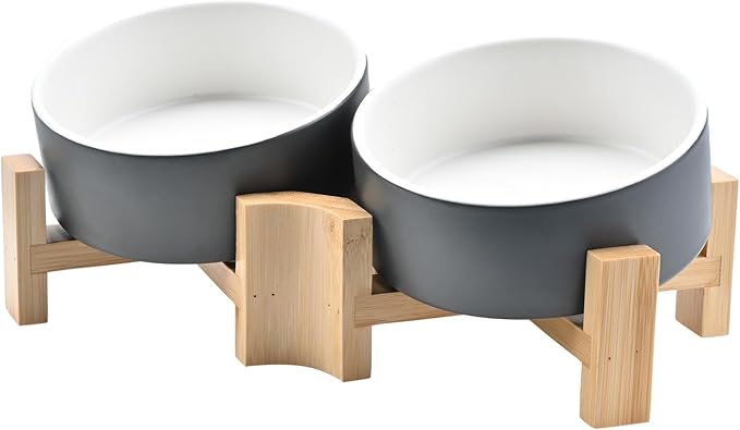 SPUNKYJUNKY 15° Slanted Ceramic Dog and Cat Bowl with Wooden Stand, Tilted Bulldog Food and Water Bowl No Slip Non-Spill for Cats Medium Dogs Big Face Pets 13.5 OZ (1.7 Cups, White-Grey × 2)-Mewly Pet