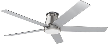 wurzee 60 inch Flush Mount Ceiling Fan Brushed Nickel ceiling fans with lights 6 Speeds DC Reversible Motor, Timing, Dimmable, 5 Blades for Bedroom,Living Room Dining Room Patio