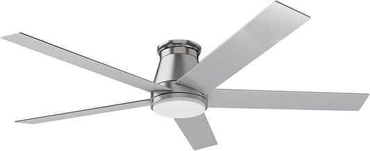 wurzee 60 inch Flush Mount Ceiling Fan Brushed Nickel ceiling fans with lights 6 Speeds DC Reversible Motor, Timing, Dimmable, 5 Blades for Bedroom,Living Room Dining Room Patio