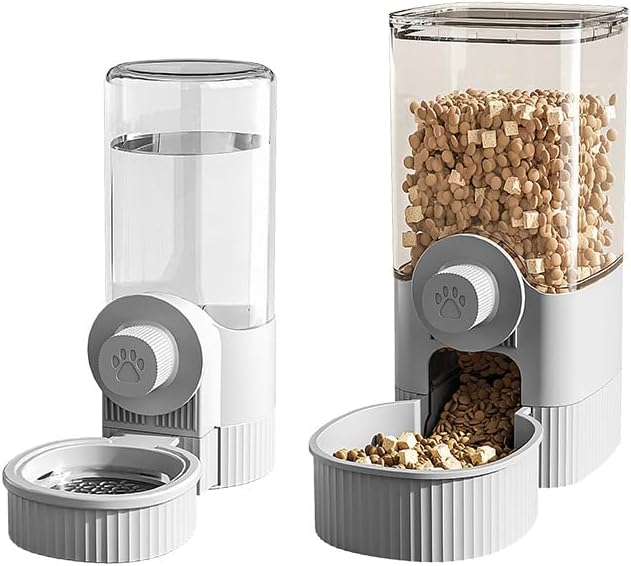 GPY Automatic Hanging Gravity Pet Feeder and Water Dispenser Set ，Automatic Dog Feeder and Dog Water Dispenser for Dogs Cats Pets Animals Large Capacity (Blue Water Feeder&Food Feeder) (Grey)-Mewly Pet