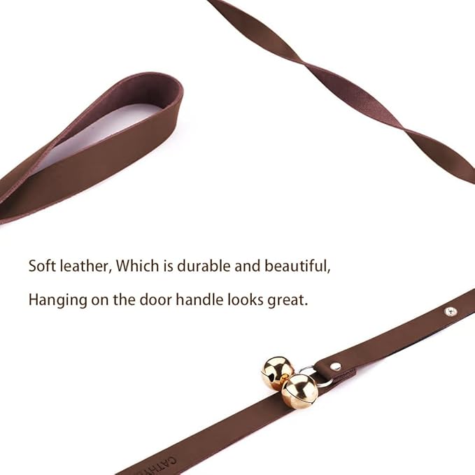 Leather Dog Doorbells for Door Knob/Potty Training/Go Outside, Length Adjustment Copper Dog Bell, Housetraining Hanging Bell, Dark Brown Leather Golden Bells-Mewly Pet