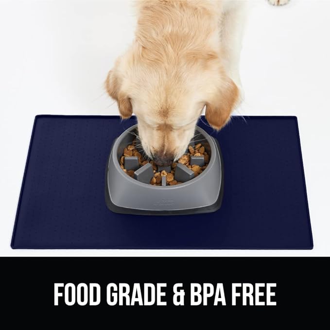 GORILLA GRIP 100% Waterproof Raised Edge BPA Free Silicone Pet Feeding Mat, Dog Cat Food Mats Contain Spills Protects Floors, Placemats for Cats and Dogs Water Bowl, Pets Accessories 28x18 Navy-Mewly Pet