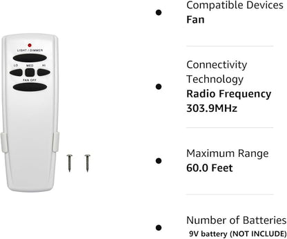 Fan-HD Ceiling Fan Remote Control Replacement for Hampton Bay Hunter, 303.9MHz Light Dimmer w/ 3-Speed, Replace for UC7078T CHQ7078T CHQ8BT7078T L3H2014FANHD L3H2010FANHD HD5(Remote Only)