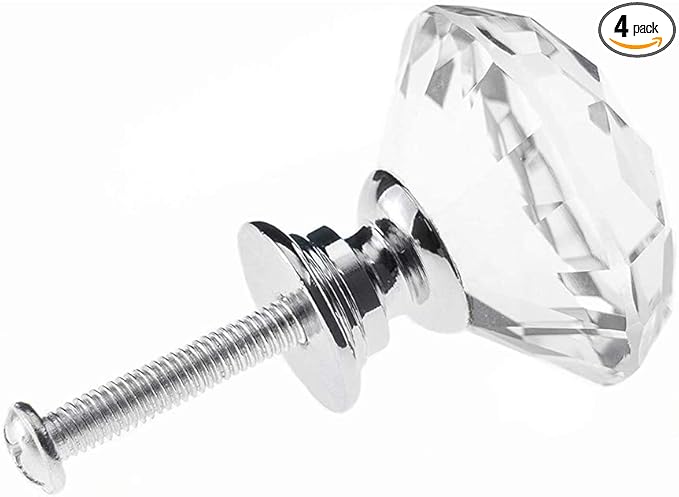 Joyhey 4 Pack 30 mm Diamond Shaped Glass Crystal Knobs with 3 Size Screws for Cabinet, Drawer, Cupboard, Dresser