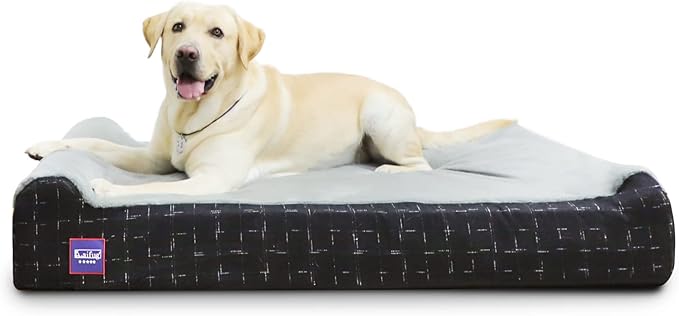 Laifug Orthopedic Memory Foam Extra Large Dog Bed with Pillow and Durable Water Proof Liner & Removable Washable Cover & Smart Design (Jumbo (50"x36"x10"), Black Grid Gray)-Mewly Pet