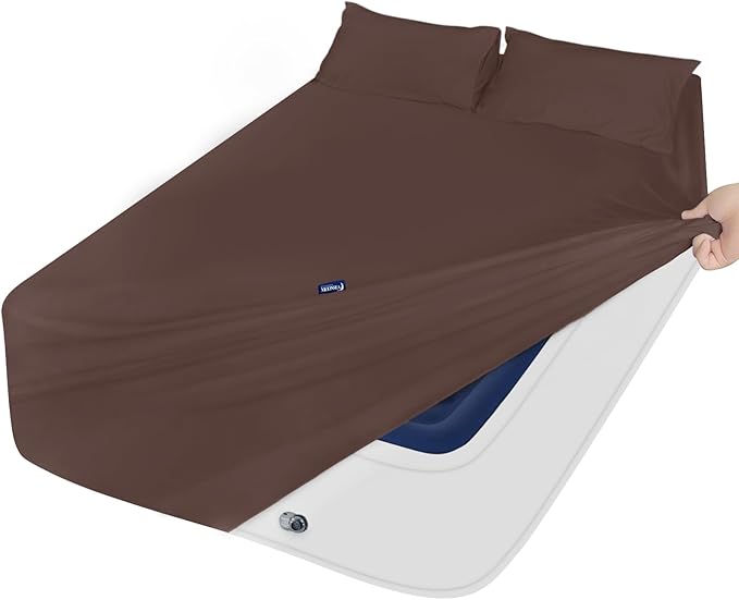 Full Sheet Set for Air Mattress - Deep Pocket Full Size Bed Set - Sheets with Pockets on Side - Easily Fits Extra Deep 16 in to 24 in Pillow Top Air Mattress - Brown