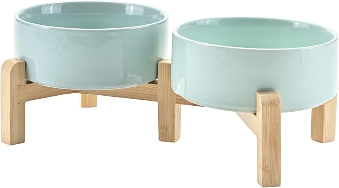 SPUNKYJUNKY Elevated Dog Bowls Ceramic, 5.1'' Dogs and Cat Food Water Bowls Raised with Non-Slip Bamboo Stand for Puppy Small Sized Breed Microwave Dishwasher Safe - 13.5 OZ,Light Green-Mewly Pet