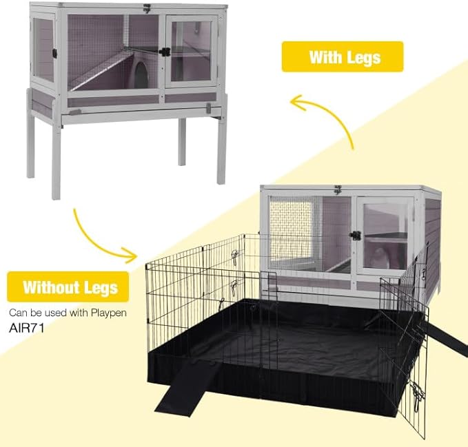 Aivituvin Wooden Guinea Pig Cages Indoor with Removable Stand, Anti Chewing Rabbit Hutch with Ramp and Wire Mesh, 2 Story Small Animals House Habitat with Pull Out Tray (Gray&Purple)-Mewly Pet