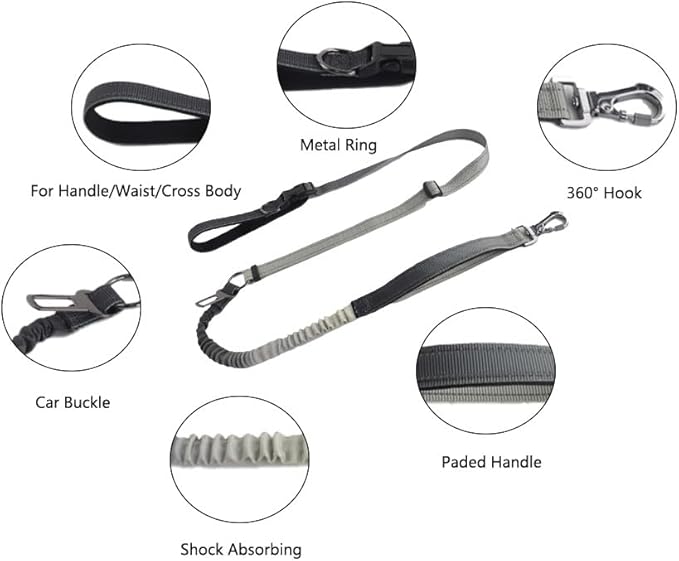 Hands Free Dog Leash for Large Medium Dogs Heavy Duty Bungee Reflective Adjustable Waist Leashes for Walking Running with Car Buckle 4-6FT (Grey)-Mewly Pet