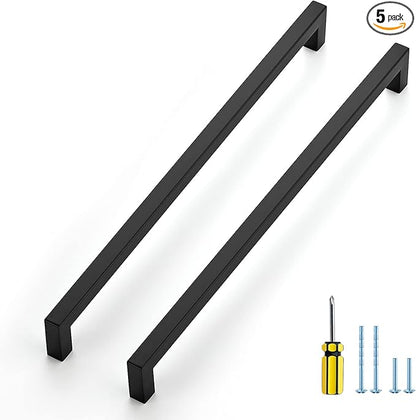 Ravinte 5 Pack Black Cabinet Pulls 12-3/5 Inch Square Cabinet Handles Matte Black Kitchen Hardware for Cabinet Drawer Pulls Come with Screwdriver