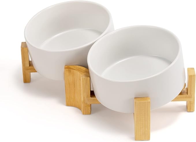 SPUNKYJUNKY 15° Slanted Ceramic Dog and Cat Bowl with Wooden Stand, Tilted Bulldog Food and Water Bowl No Slip Non-Spill for Cats Medium Dogs Big Face Pets 28.7 OZ (3.6 Cups, White × 2)-Mewly Pet