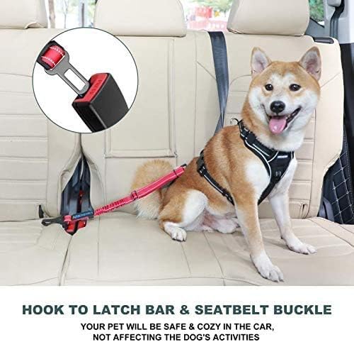 IOKHEIRA Dog Seat Belt 3-in-1 Car Harness for Dogs Adjustable Safety Seatbelt for Car Durable Nylon Reflective Bungee Fabric Tether with Clip Hook Latch & Buckle, Swivel Zinc Alloy Carabiner Red-Mewly Pet