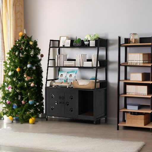Recaceik Large Cat Litter Box Enclosure with Shelf Storage, Hidden Cat Washroom Furniture, Wooden Cat House with Scratch Pad, Sturdy Indoor Cat Cabinet with 2 Doors, Black-Mewly Pet