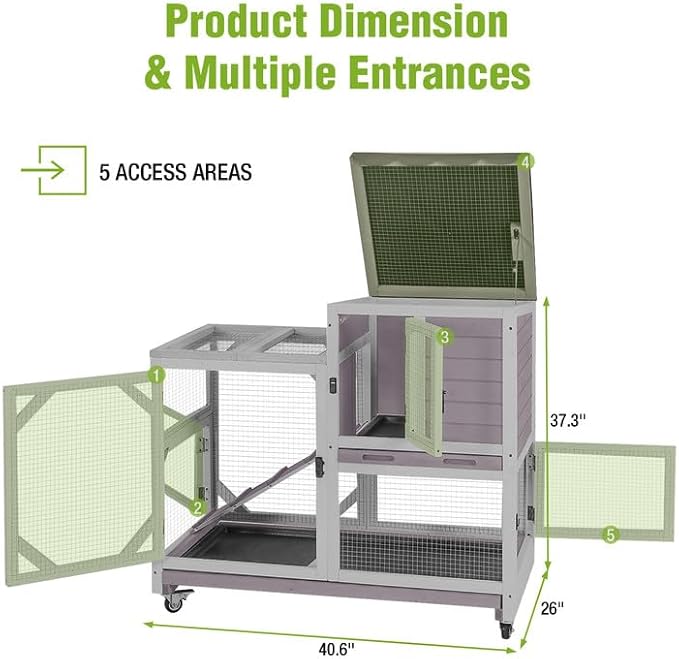 Wooden Rabbit Hutch with Two Story, Bunny Cage with Leak-Proof Trays, and Chew-Proof Ramp, Guinea Pig Cage with Wheels, Suitable for Indoor/Outdoor Use (Grey)-Mewly Pet