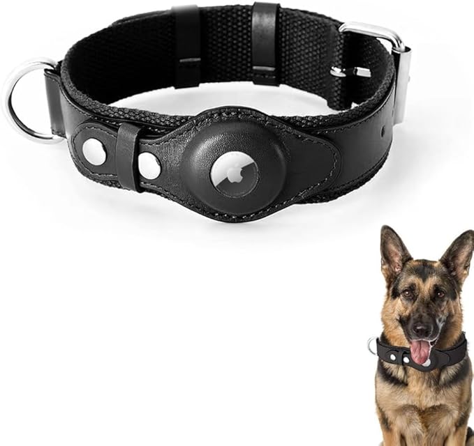 AirTag Dog Collar Soft Leather Webbing Dog Collar for AirTag Provides Double Protection for Small Medium and Large Dogs(Black,M)-Mewly Pet