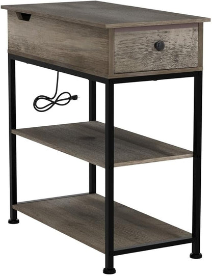 WLIVE Narrow Side Table with 2 USB Ports and 2 Outlets, Flip Top End Table with Drawer and Storage Shelves, Small Nightstand with Charging Station for Living Room/Bedroom, Greige