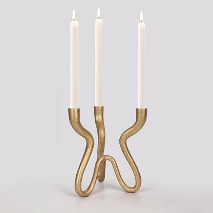 Triple Candle Holder Candelabra - Cast Iron Metal Taper Candlestick Stand with Antique Brass Finish - Elegant Wedding Centerpiece for Home, Dining, Event Decor