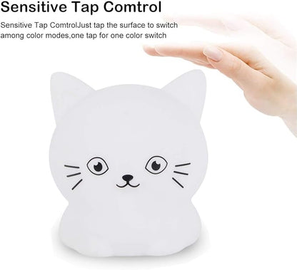 Cat Night Light, Rechargeable LED Bedside Lamp for Children, 9 Changeable Colors Silicone Nursery Lamp for Breastfeeding, Eyes Caring, Tap Adjustable Brightness & Color, Remote Control