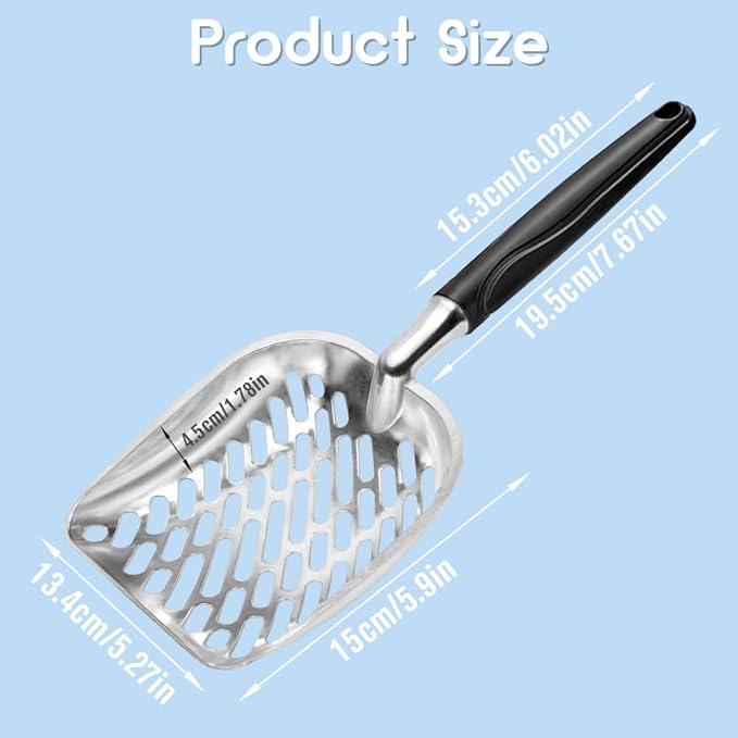 Cat Litter Scoop,Long Handle Cat Scooper,Stainless Steel Metal Scoop,Poop Sifting,Mesh Shovel,Suitable for Cat Litter Box(Black)-Mewly Pet