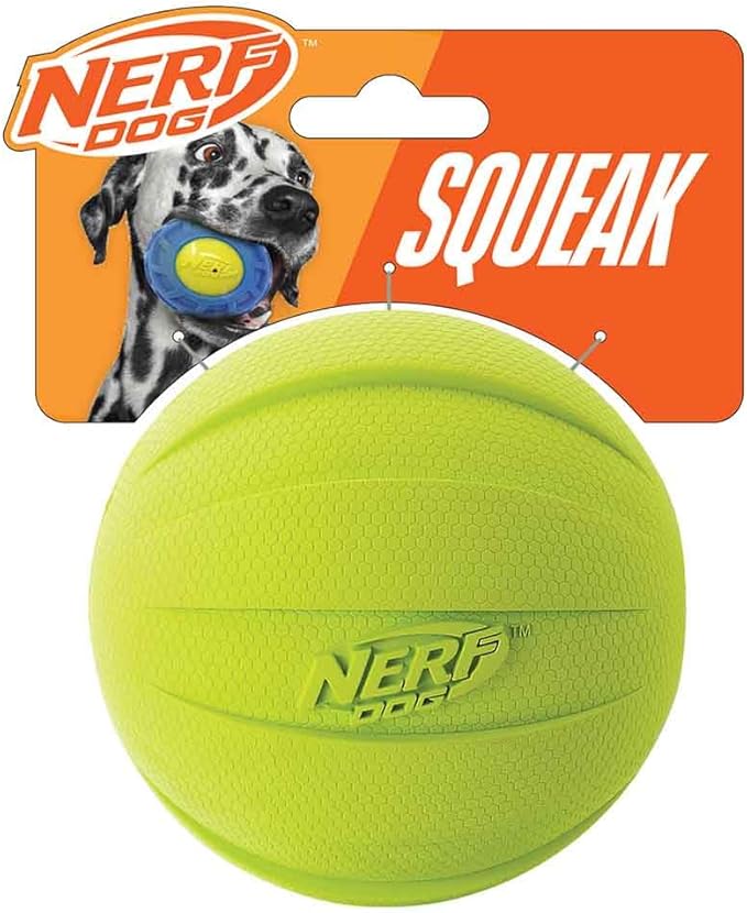 Nerf Dog Rubber Ball Dog Toy with Squeaker, Lightweight, Durable and Water Resistant, 4 Inch Diameter for Medium/Large Breeds, Single Unit, Green-Mewly Pet