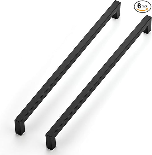 JOY DECOR 6 Pack Cabinet Handles, Black Cabinet Pulls, 12-3/5 Inch Kitchen Closet Handles Square Drawer Pulls Stainless Steel Drawer Hardware, 320mm Hole Centers