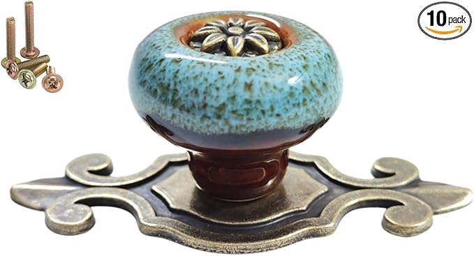 10 Pack Retro Ceramic Knobs,Vintage Dresser Kitchen Petal Cabinet Pulls Rustic Zinc Alloy Base Back Plate Kid Cupboard Wardrobe Drawer Door Handles (Leopard Print Blue)