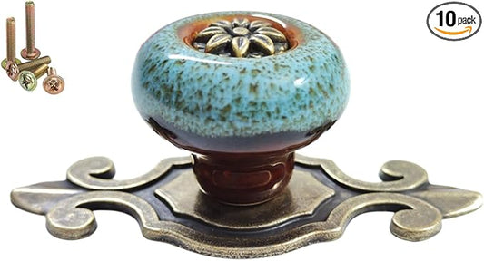 10 Pack Retro Ceramic Knobs,Vintage Dresser Kitchen Petal Cabinet Pulls Rustic Zinc Alloy Base Back Plate Kid Cupboard Wardrobe Drawer Door Handles (Leopard Print Blue)