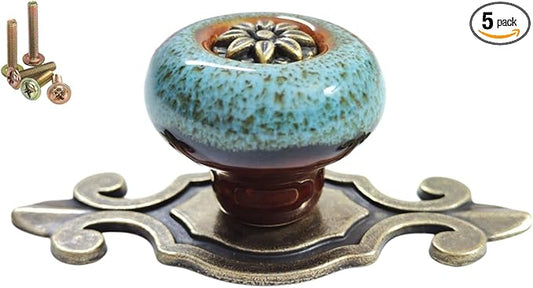 5 Pack Retro Ceramic Knobs,Vintage Dresser Kitchen Petal Cabinet Pulls Rustic Zinc Alloy Base Back Plate Kid Cupboard Wardrobe Drawer Door Handles (Leopard Print Blue)
