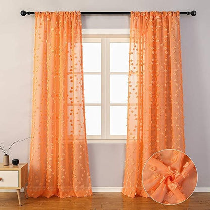 MYSKY HOME Pom Pom Orange Sheer Curtains for Bedroom Girls Room Curtains 72 Inches Long for Nursery Kids Light Filtering Boho Window Drapes, Rod Pocket, 38" Wide, 2 Panels