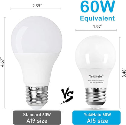YukiHalu, A15 Appliance Light Bulb, 60W Equivalent for Range Hood/Refrigerator Light Bulb/Ceiling Fan Light, 600 Lumens 7W 120V 2700k Soft White E26 Base, Waterproof, Not Dimmable, 2-Pack