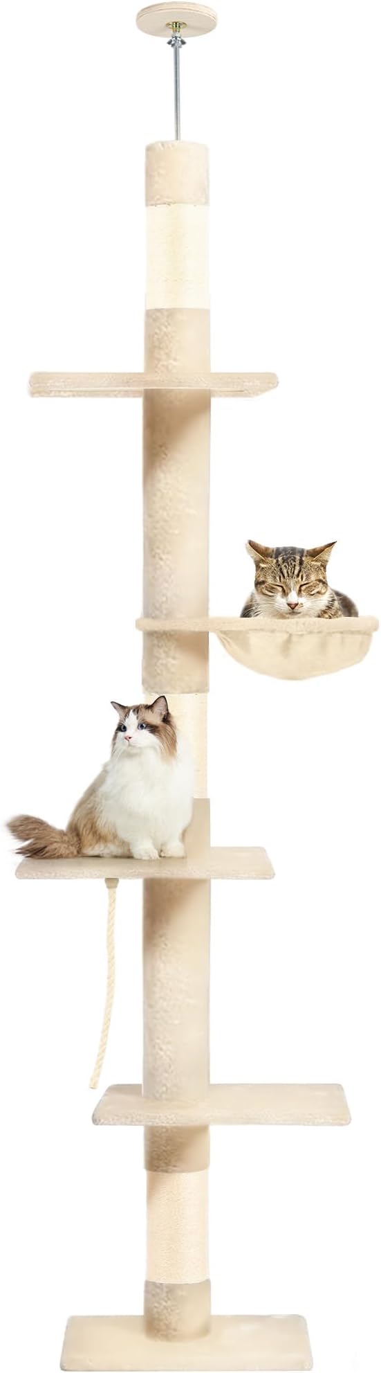 Cat Tree 5-Tier Floor to Ceiling, 89-109 Inch Adjustable Height Cat Tower with Cozy Hammock, Cat Climbing Tree for Indoor Cats, Beige-Mewly Pet