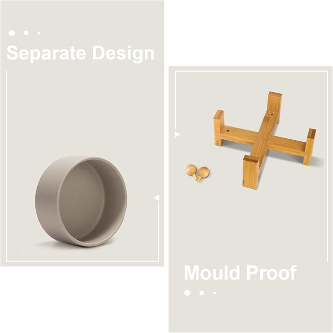 SPUNKYJUNKY 15° Slanted Ceramic Dog and Cat Bowl with Wooden Stand, Tilted Bulldog Food and Water Bowl No Slip Non-Spill for Cats Medium Dogs Big Face Pets 28.7 OZ (3.6 Cups, Grey)-Mewly Pet