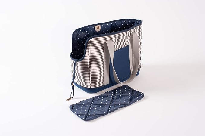 LeftPine x P.L.A.Y. Deluxe Dog Carrier Purse - Soft Sided Pet Travel Tote for Small Dogs & Puppies up to 16 Pounds - Built-in Safety Leash, Machine Washable Liner, Exterior Pocket (Navy Striped)-Mewly Pet