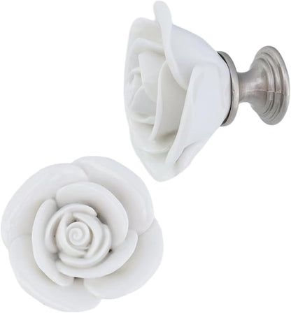 8PCS 1.65" × 1.54" White Rose with Base Knobs Ceramics Flower Shaped Pulls for Cupboard Drawer, with 2 Kinds of Screws