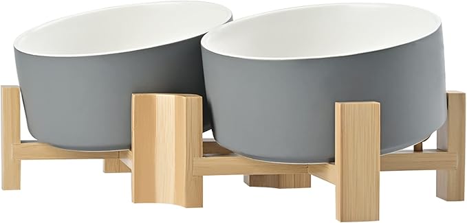 SPUNKYJUNKY 15° Slanted Ceramic Dog and Cat Bowl with Wooden Stand, Tilted Bulldog Food and Water Bowl No Slip Non-Spill for Cats Medium Dogs Big Face Pets 28.7 OZ (3.6 Cups, White-Grey × 2)-Mewly Pet