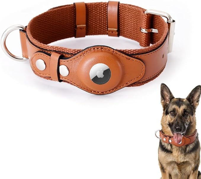 AirTag Dog Collar Soft Leather Webbing Dog Collar for AirTag Provides Double Protection for Small Medium and Large Dogs(Brown,M)-Mewly Pet