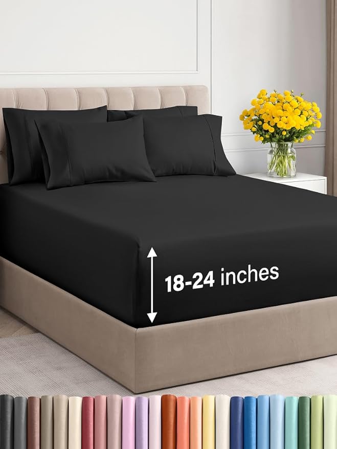 Extra Deep King Sheet Set - 6 Piece Breathable and Cooling Sheets - Hotel Luxury Bed Sheets Set - Easy & Secure Fit - Soft, Wrinkle Free and Comfy Sheets Set - Black Sheet Set with Extra Deep Pockets