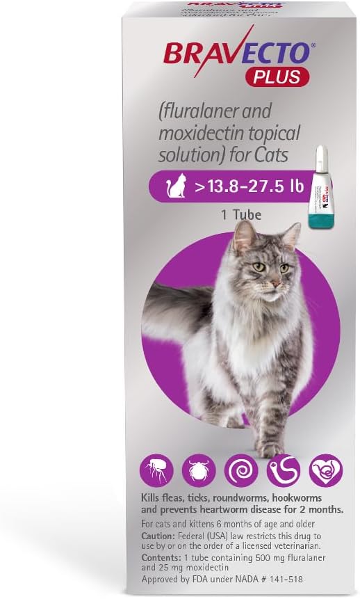 BRAVECTO PLUS Topical Solution for Cats, Flea, Tick & Heartworm, 2 Months Supply, 13.8-27.5 lbs., Purple Box-Mewly Pet
