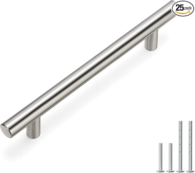 homdiy 25 Pack Modern Round Bar Cabinet Pulls, 5in Hole Center, Brushed Nickel Stainless Steel, Easy to Install, Durable