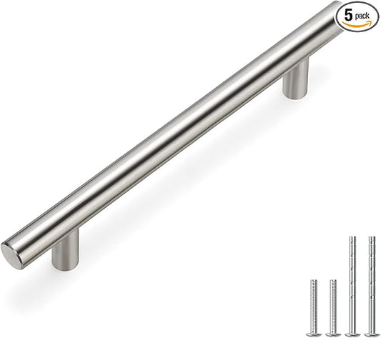 homdiy 5 Pack | Cabinet Handles Brushed Nickel Round Bar Cabinet Pulls 5in Hole Center HD201SN Stainless Steel Drawer Pulls Kitchen Cabinet Handles Cupboard Handles 5 Pack