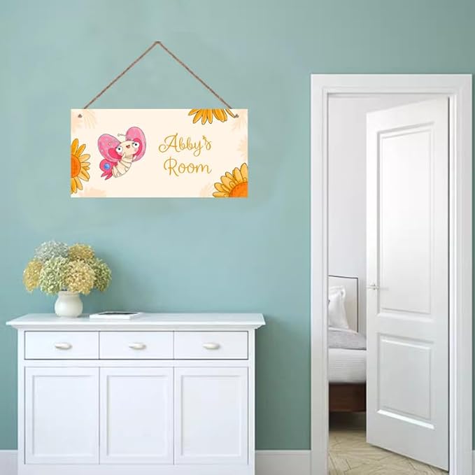 Personalized Sign, Cute Butterfly Sign For Little Man Cave, Sunflower Art Wall Art Decor Custom Name Door for Kids Room Floral Nursery Art Plate For Boys Room Girls Bedroom